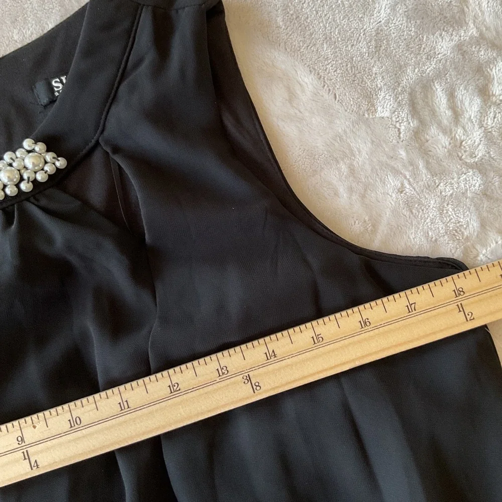 SLNY Black Chiffon Tiered Shift Dress Pearl Neckline Cutout 410366 Womens 10P - Picture 9 of 11